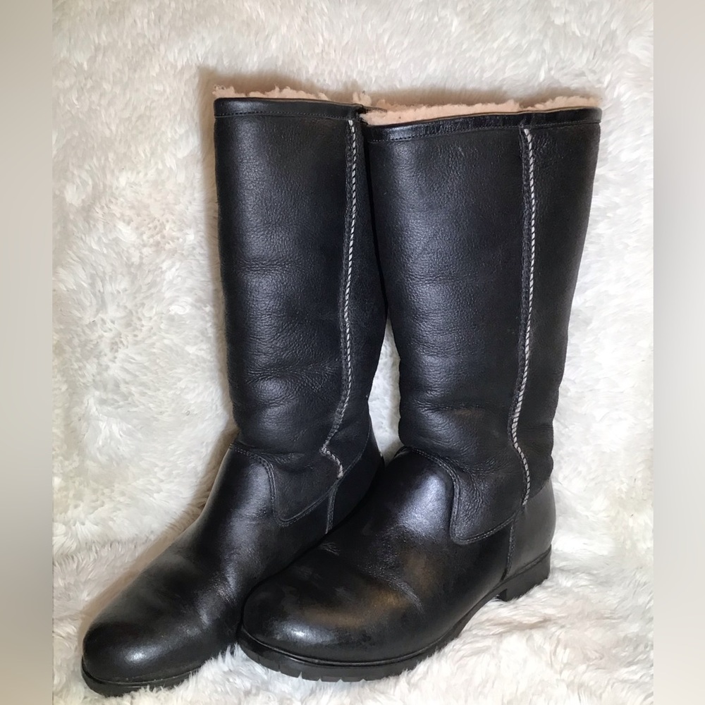 UGG Black Leather Shearling-Lined Mid-Calf Boots